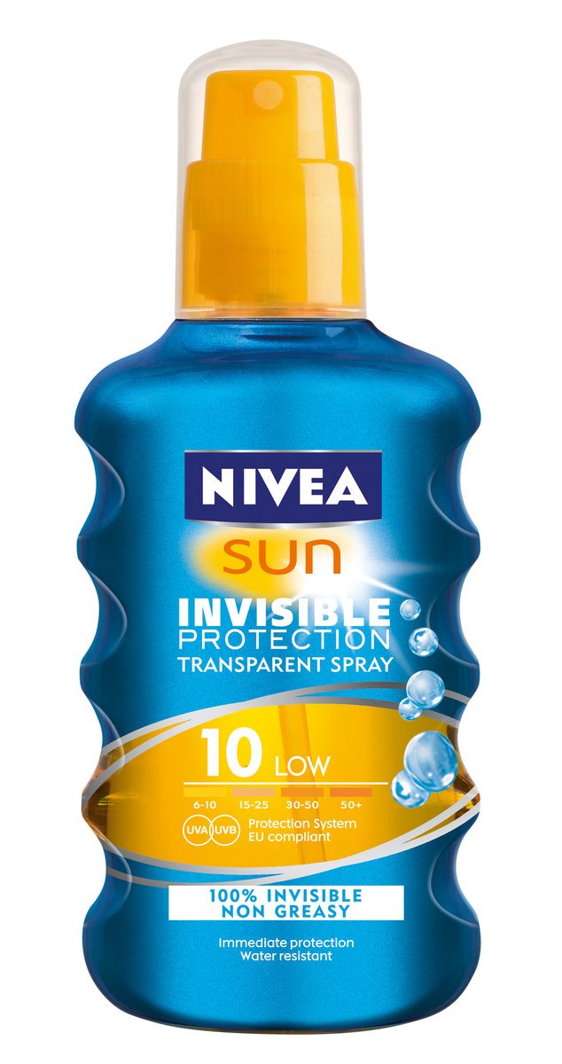 Neviditelný a nemastný sprej na opalování s nižším ochranným faktorem 10, Nivea Sun, 234,90 Kč