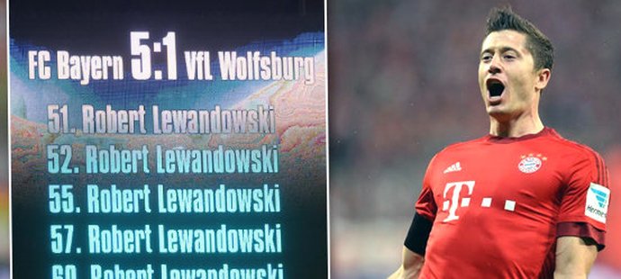 Útočník Bayernu Mnichov Robert Lewandowski dal proti Wolfsburgu pět gólů za necelých devět minut