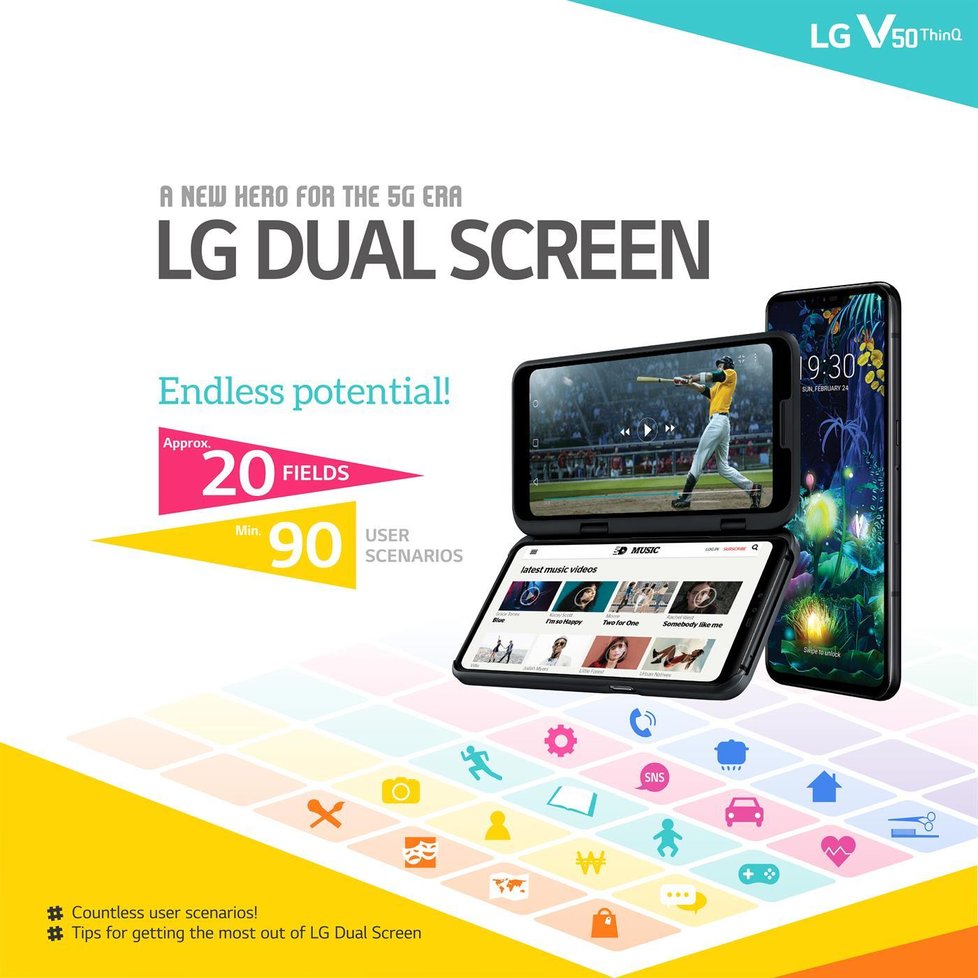 Ke smartphonu LG V50 ThinQ 5G si zájemci mohou pořídit rozšiřující modul Dual Screen. Hodit se může až k 90 různým činnostem z 20 kategorií.