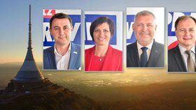 Lídři stran, kteří zřejmě na Liberecku sestaví vládní koalici. Zleva: Martin Půta -  (Starostové pro Liberecký kraj, Jitka Volfová - ANO, Dan Ramzer - ODS, Radek Cikl - ČSSD)
