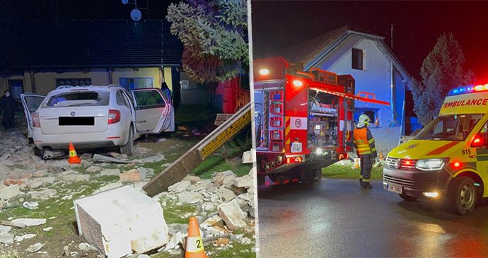 Auto se dvěma mladíky (19 a 20) vletělo do zdi u rodinného domu a celou ji probořilo. Po řidiči pátral vrtulník.