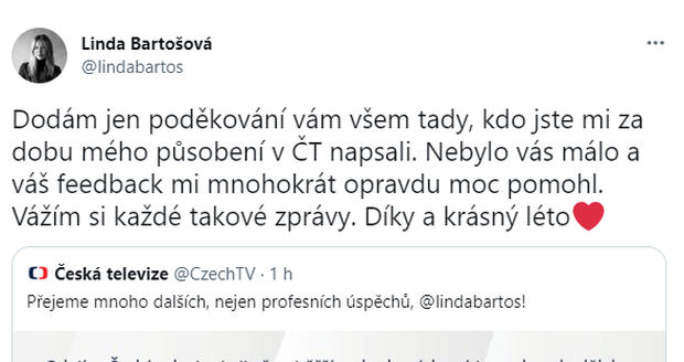 Linda Bartošová končí v České televizi.