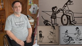 Výtvarník Milan Linhart (66) z Ostravy skončil po úrazu na vojně na vozíku se silně poškozeným zrakem. Humor ho ale neopouští.
