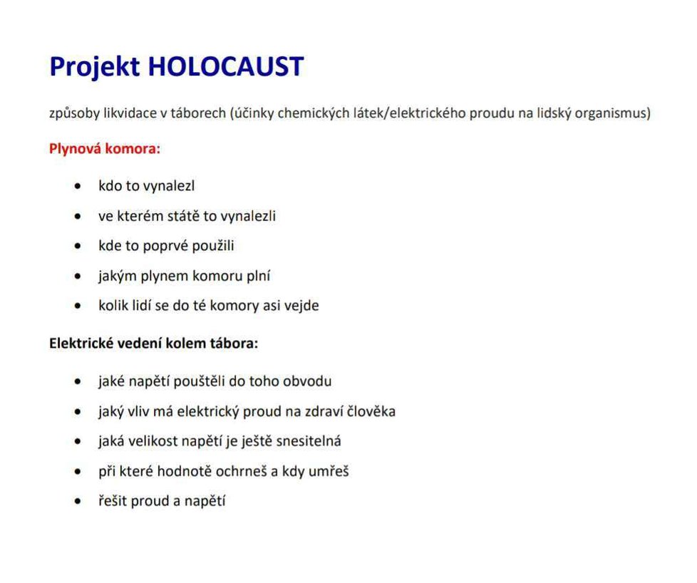 Zadání projektu Holocaust pro 9. třídu