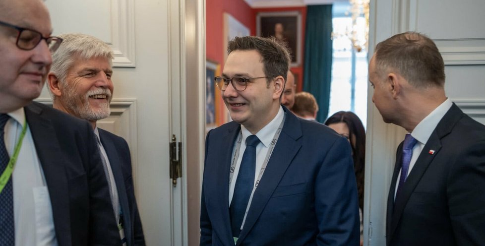 Mnichovská bezpečnostní konference: Zvolený prezident Petr Pavel, ministr zahraničních věcí Jan Lipavský s polským prezidentem Andrzejem Dudou (18.2.2023)