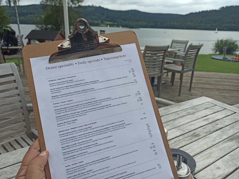 Na jídelním lístku restaurace Blue Lipno z Anemity Resorts si můžete dát třeba jihočeskou kulajdu za 98 korun, předškolákovi objednat dětskou porci za 155 korun, případně krupicovou kaši za 135 korun a na zapití 4 deci domácí borůvkové limonády za 119 korun.