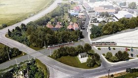 Křížení tramvaje vedoucí na Stránskou skálu v Brně s Holzovou ulicí v Líšni.