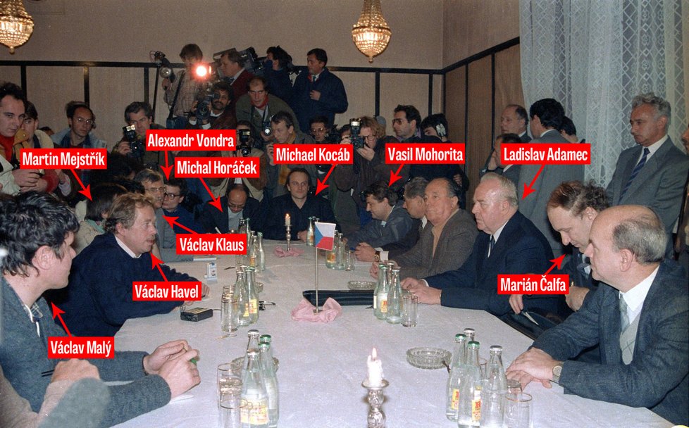 Listopad 1989: Komunisté a Občanské fórum vyjednávají.