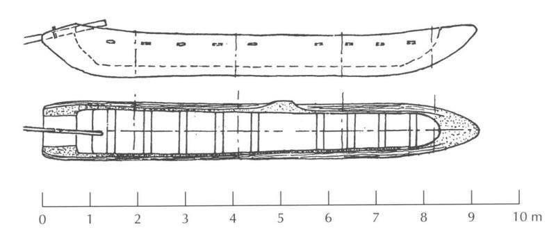 Nákres člunu z pohledu z boku, v průřezu a shora.