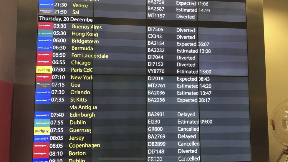 Letiště Gatwick přerušilo provoz kvůli neznámým dronům (20.12.2018).