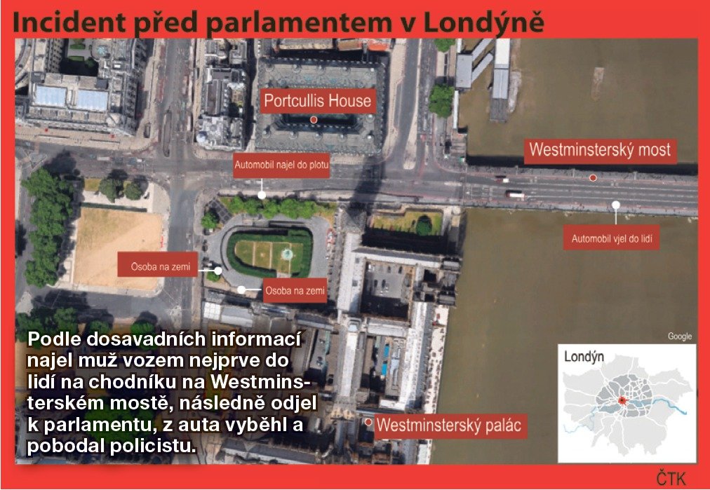 Podle dosavadních informací najel muž vozem nejprve do lidí na chodníku na Westmins- Westminsterském mostě, následně odjel terském k parlamentu, z auta vyběhl a pobodal policistu.