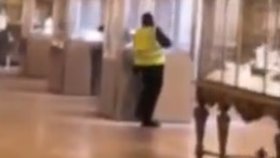 Jeden ze zlodějů v reflexní vestě zachycený zřejmě při vloupání do vitríny v Louvru.