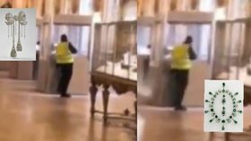 Jeden ze zlodějů v reflexní vestě zachycený zřejmě při vloupání do vitríny v Louvru. Zmizely šperky z Napoleonovy sbírky.