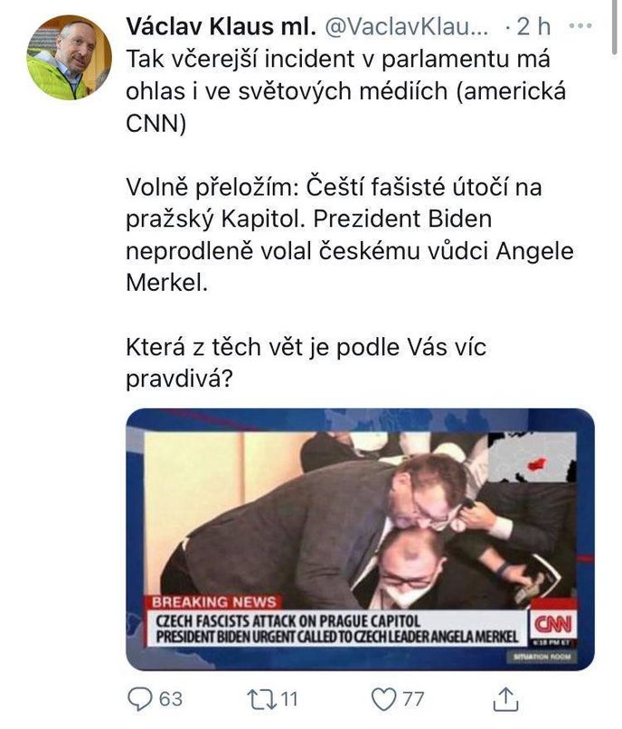 Fake News zmátlo i Václava Klause ml. Nepochopil, že CNN naše Sněmovna nezajímá a jedná se o koláž internetových vtipálků.