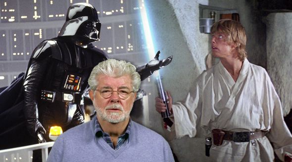 Režisér George Lucas (uprostřed) a za ním otec se synem, Darth Vader a Luke Skywalker