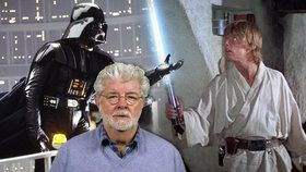 Režisér George Lucas (uprostřed) a za ním otec se synem – Darth Vader a Luke Skywalker