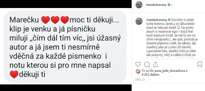 Marek Ztracený sdílel zprávu, kterou mu Bílá za písničky poděkovala