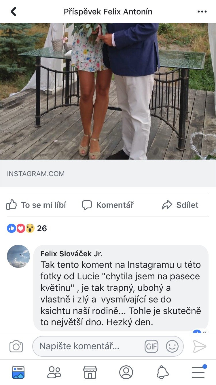 Za komentář Lucie Gelemové jí vynadal Felixův syn Felix Slováček ml.