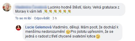 Lucie Gelemová vysvětlovala svůj komentář na Facebooku a kamuflovala, že svatbu neplánuje.