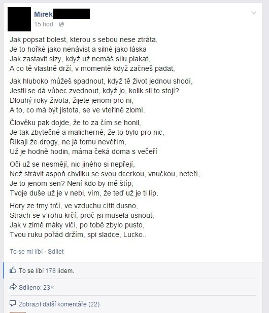 Mirek na Facebook napsal smutnou básničku.