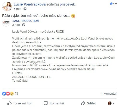 Komplikace s vydáním desky Lucie Vondráčkové