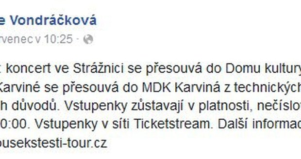 Lucie Vondráčková fanouškům oznámila, že se její koncerty přesouvají z technických důvodů.