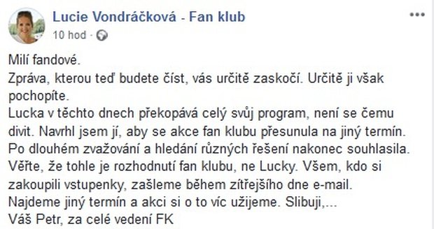 Lucie Vondráčková zrušila setkání s fanoušky.