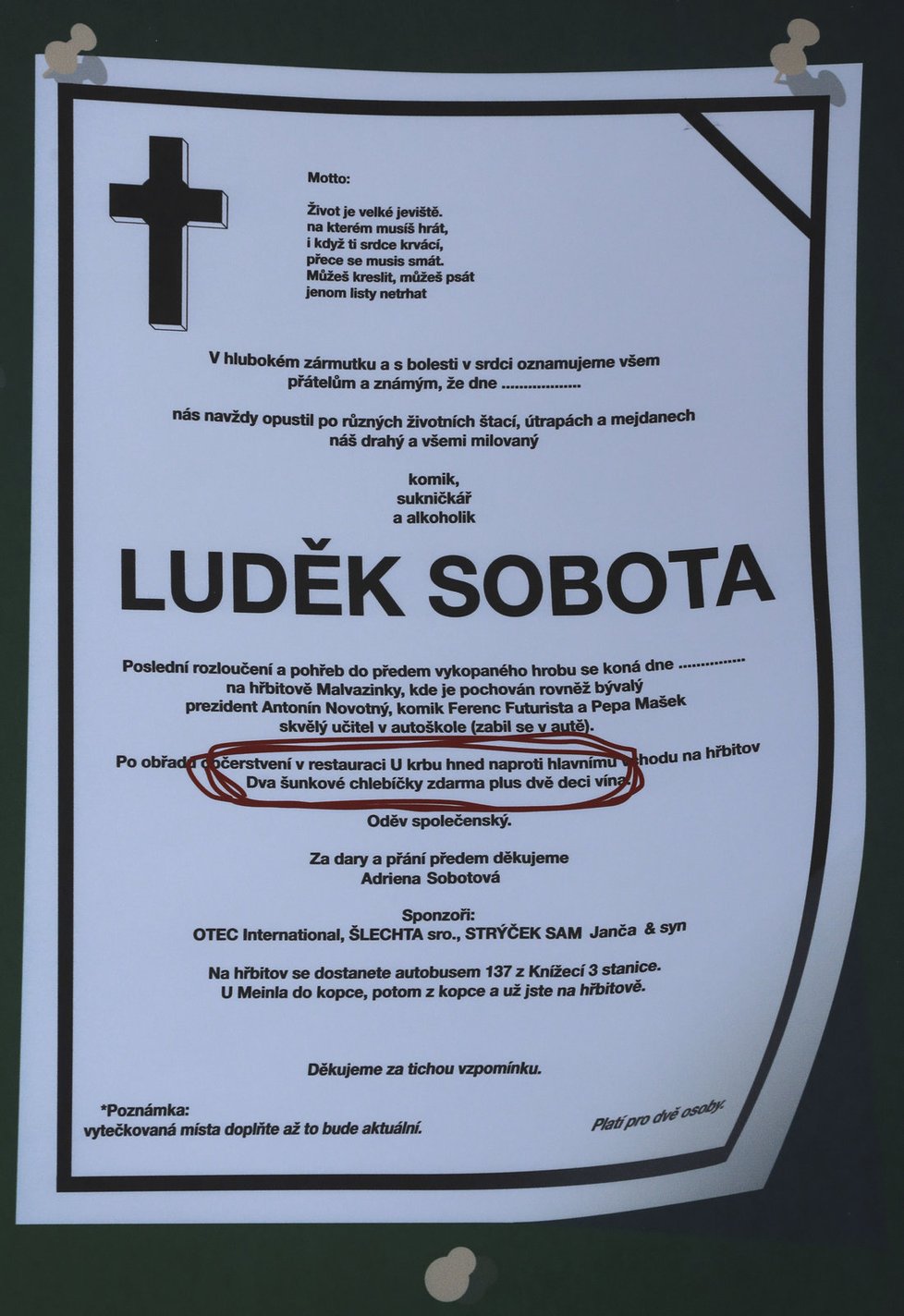 Luděk Sobota zval na narozeniny jako na pohřeb