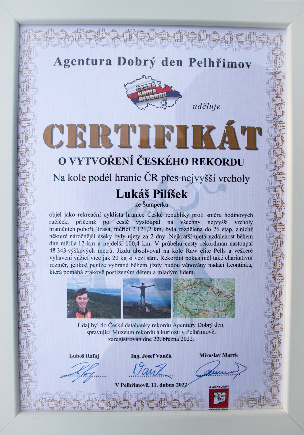 Certifikát o vytvoření českého rekordu Lukášem Pilíškem (28).