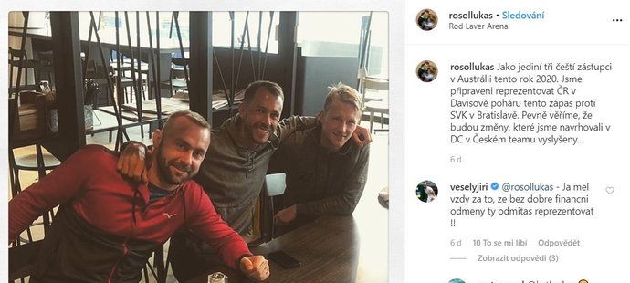 Jiří Veselý se se na Instagramu pustil do parťáka z daviscupového týmu Lukáše Rosola