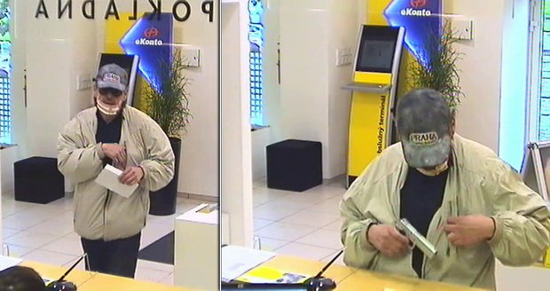 Zloděj, který se maskoval, čepicí, brýlemi a přelepenou bradou, přepadl banku v Praze.