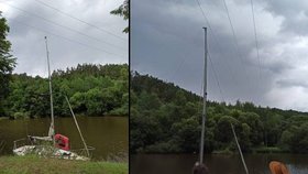 Neobvyklá nehoda na řece Lužnici. Stožár plachetnice narazil do elektrického vedení. Při nehodě se zranil jeden muž (3. 8. 2021)