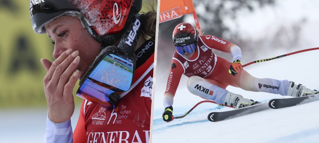 Švýcarská lyžařka Corinne Suterová má po pádu pořádně pohmožděné oko.