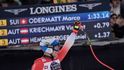 Oslava prvního Švýcara Marca Odermatta po super-G v Kitzbühelu