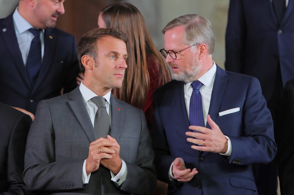 Supersummit na Pražském hradě: Český premiér Petr Fiala a francouzský prezident Emmanuel Macron