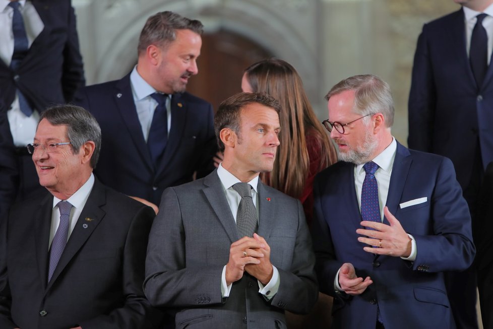 Supersummit na Pražském hradě: Český premiér Petr Fiala a francouzský prezident Emmanuel Macron