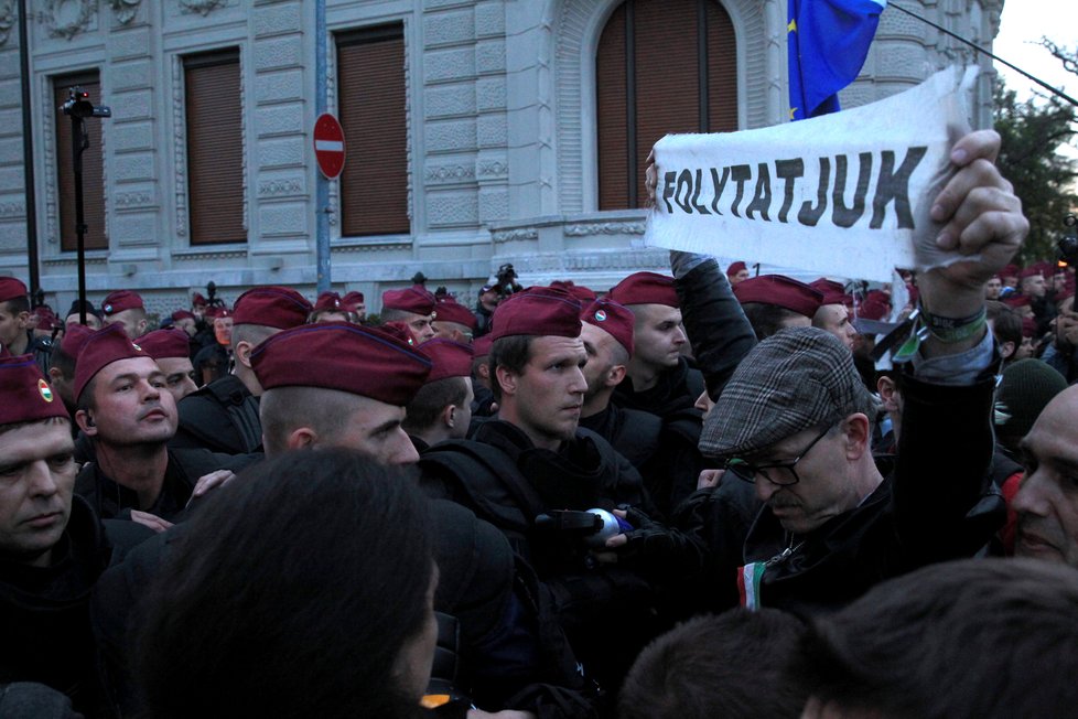 Lidé v Budapešti protestují proti novému zákonu proti Středoevropské univerzitě.