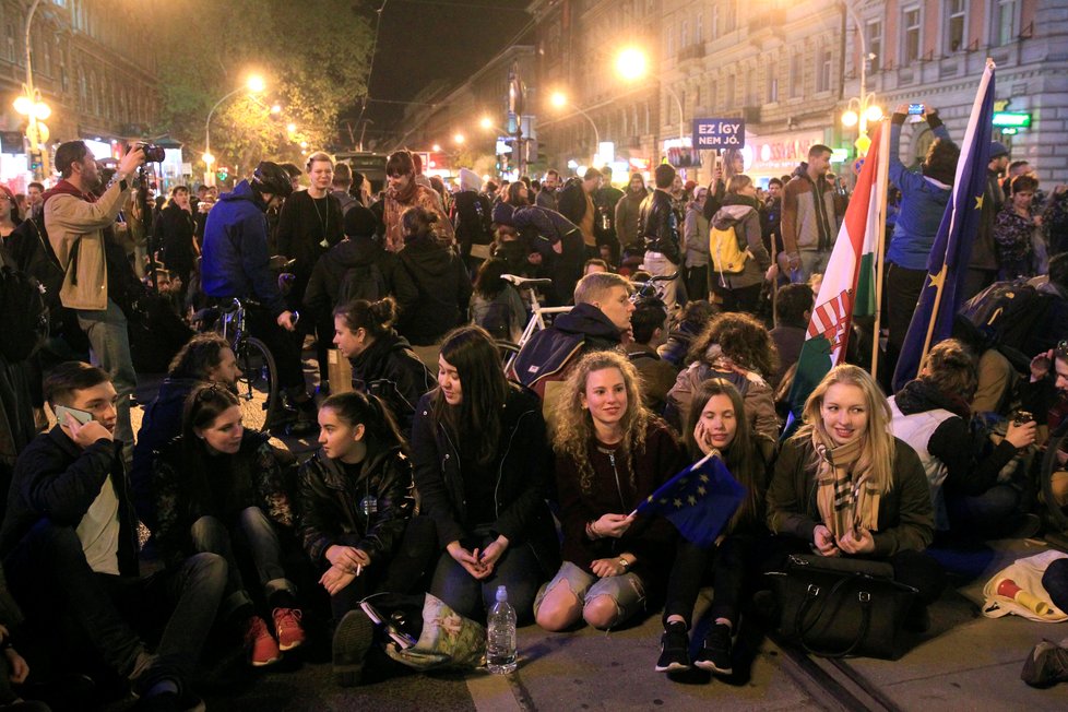 Lidé v Budapešti protestují proti novému zákonu proti Středoevropské univerzitě.