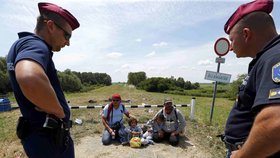 Maďarští policisté hlídají uprchlíky, které zachytili na hranici se Srbskem.