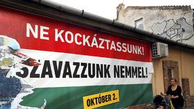 Transparent v ulicích Budapešti vyzývá Maďary, aby přišli hlasovat v referendu.