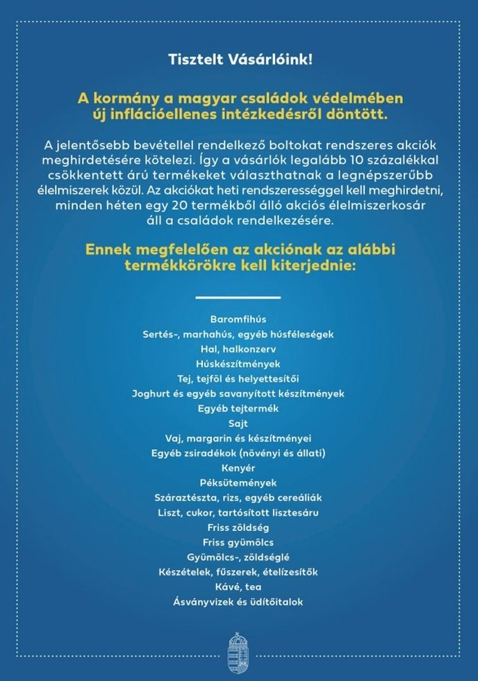 Plakát maďarské vlády o povinných akcích, který musí vyvěsit obchodní řetězce ve svých prodejnách.
