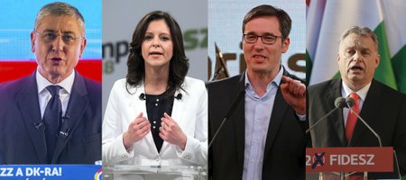 Lídři vedoucích stran (zleva): Ferenc Gyurcsany (Demokratická koalice), Bernadett Szel (LMP), Gergely Karacsony (Socialistická strana), favoritem voleb je současný premiér Viktor Orbán (Fidesz).