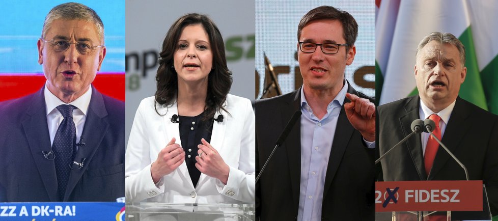 Lídři vedoucích stran (zleva): Ferenc Gyurcsany (Demokratická koalice), Bernadett Szel (LMP), Gergely Karacsony (Socialistická strana), favoritem voleb je současný premiér Viktor Orbán (Fidesz).