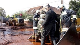 Hasiči, vojáci i pracovníci civilní obrany se snaží zabránit šíření bahna a o jeho neutralizaci