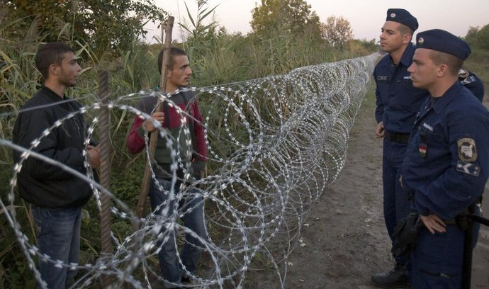 Maďarští běženci se přes hraniční plot baví s běženci na srbské straně hranice