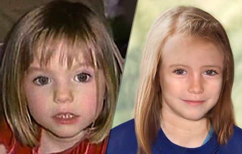 Maddie se ztratila, když jí byly necelé čtyři roky (vlevo). Policie nyní zveřejnila její pravděpodobnou podobu pět let od zmizení (vpravo).