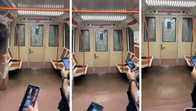 Šokující scéna v metru: Voda při prudké bouřce začala plnit vagon! Přes střechu se valil vodopád