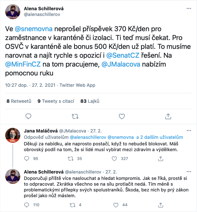 Ministryně Schillerová a Maláčová se utkaly na Twitteru