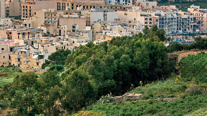 Pohled do krajiny ostrova Gozo, v pozadí pak oblíbená turistická destinace - město Marsalforn.