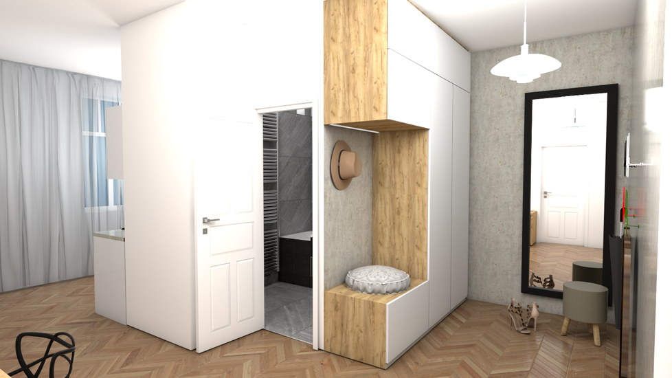 Objem koupelny je obestavěn šatní skříní s výklenkem na sezení a z druhé stěny kuchyňskou linkou.